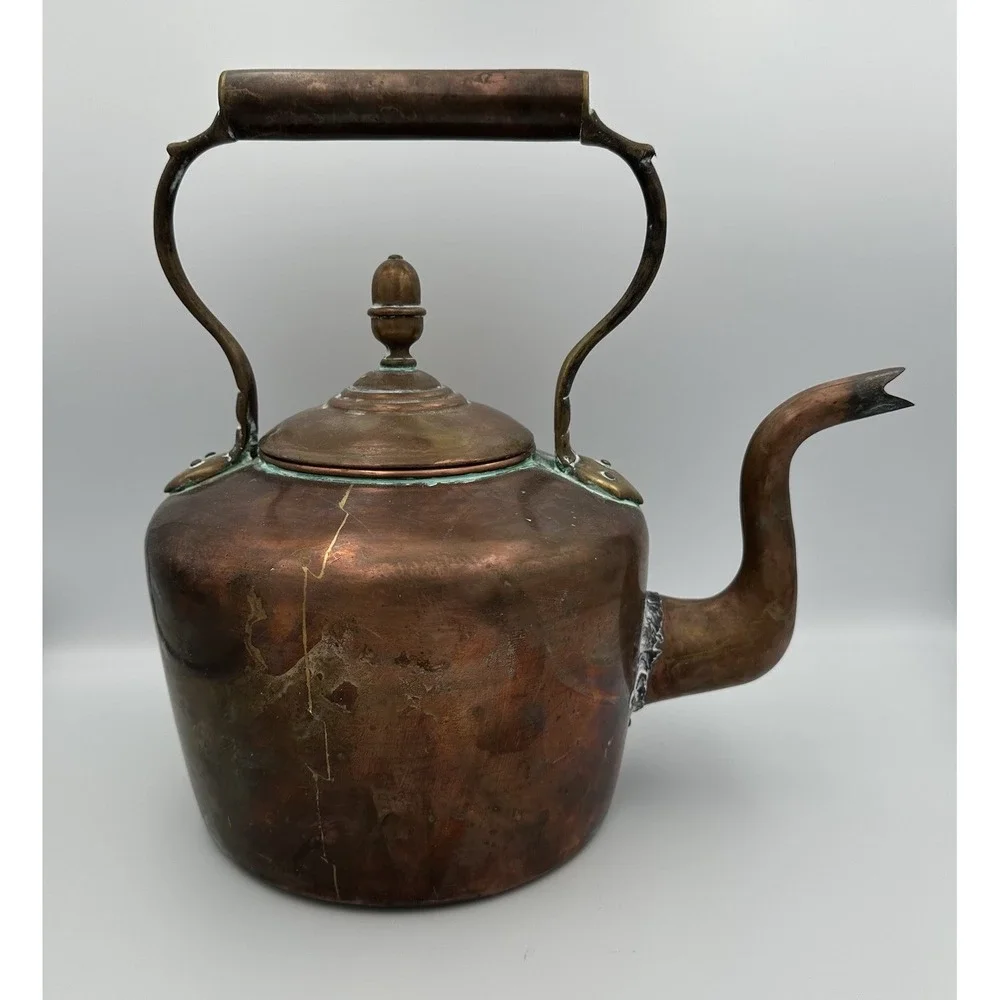Antique English Dovetail Joint Copper‎ Fireside Kettle Goose Neck Spout